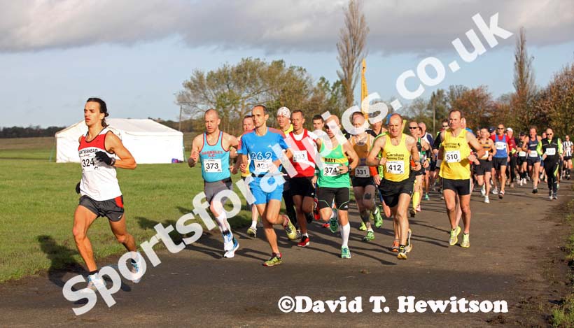 Conrad Franks (Gateshead) leads at the start of the Newcastle Town Moor Marathon. Photo: David T. Hewitson/Sports for All Pics